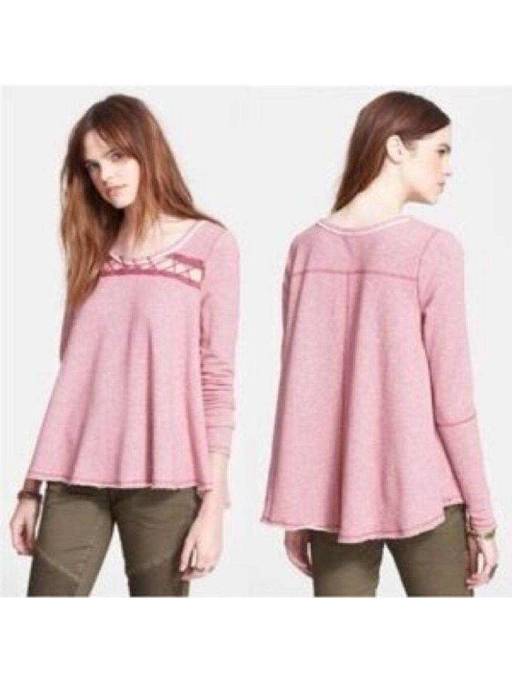 Free People Lacy Love Lattice Neck A-Line Terry Knit Pullover.Berry Combo